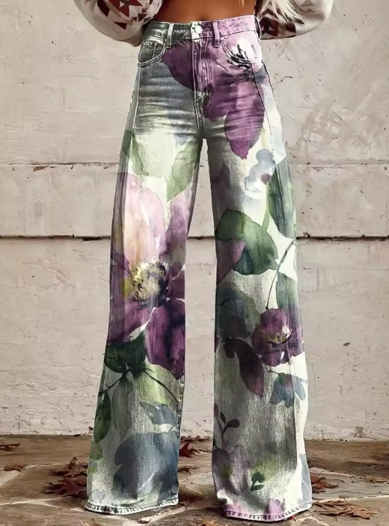 Elena Floral Art Wide-Leg Jeans