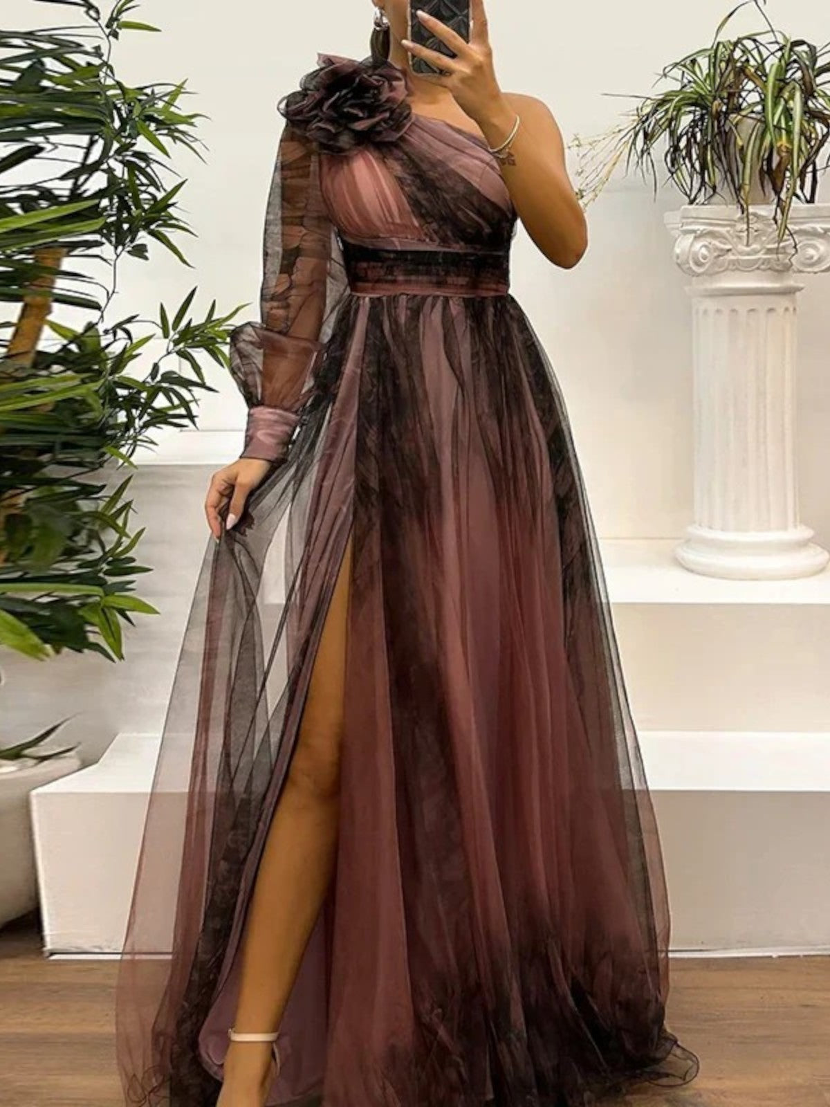 Elara One-Shoulder Mesh Maxi Dress
