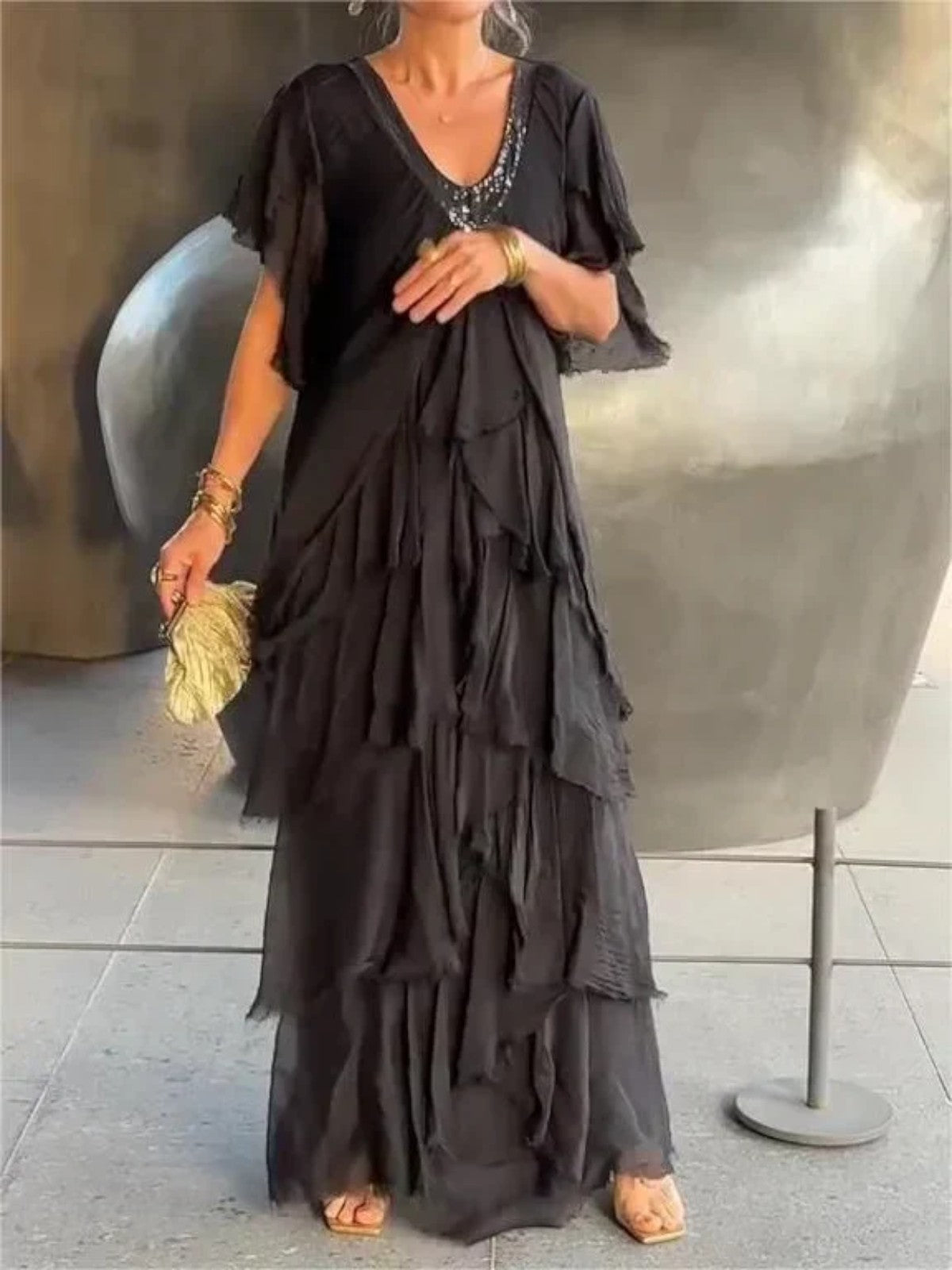 Mara Ruffled V-Neck Maxi Dress