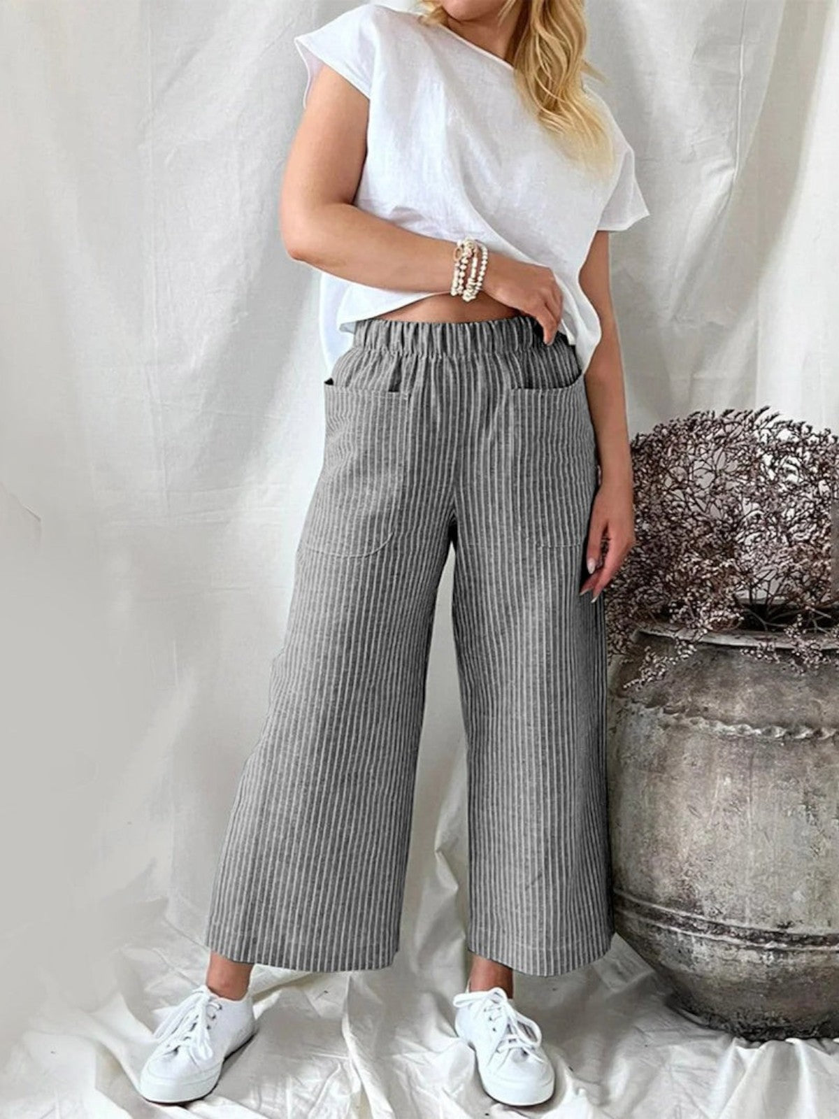 Elara Striped Wide-Leg Trousers