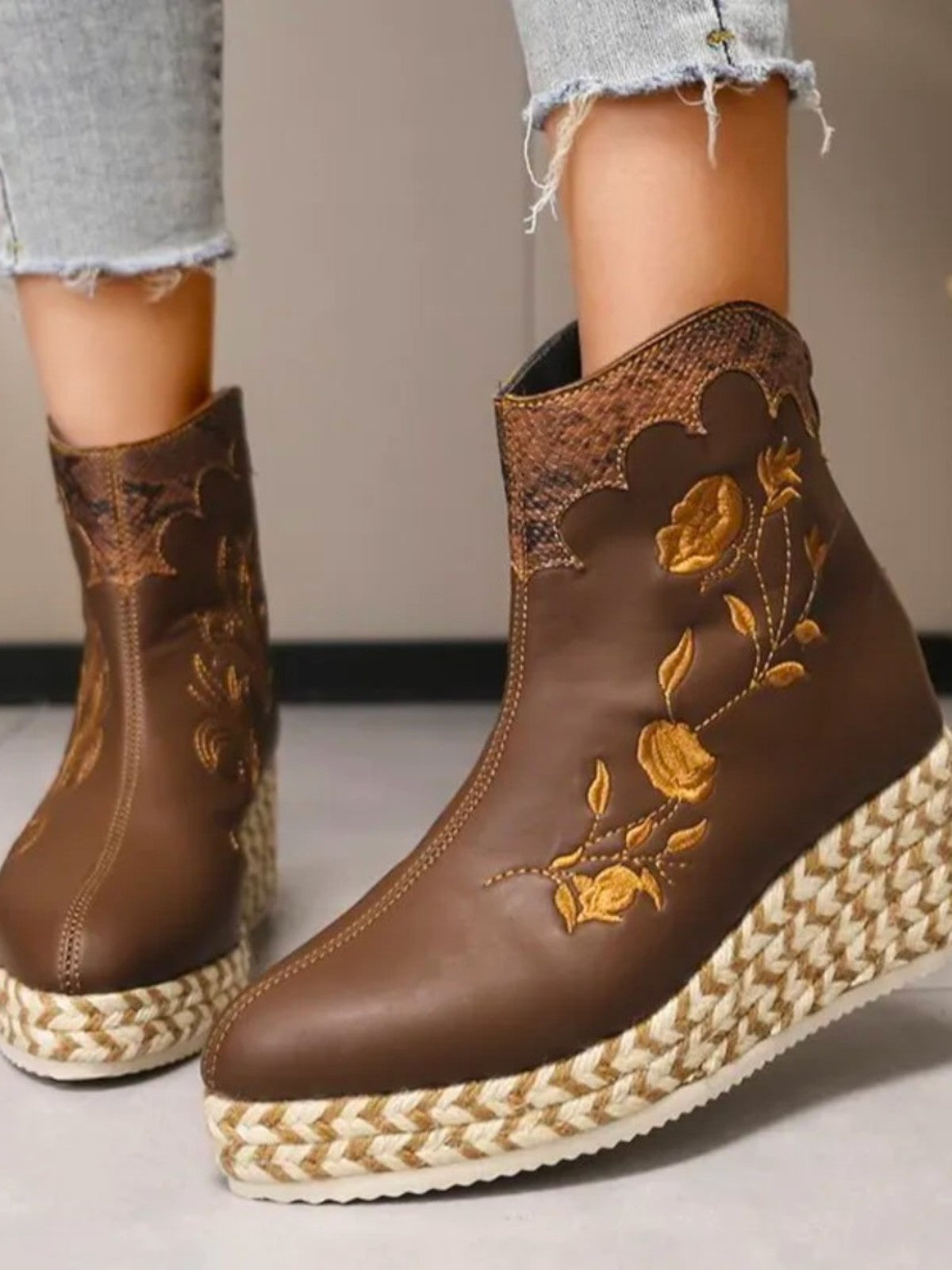 Fiara Floral Embroidered Platform Ankle Boots