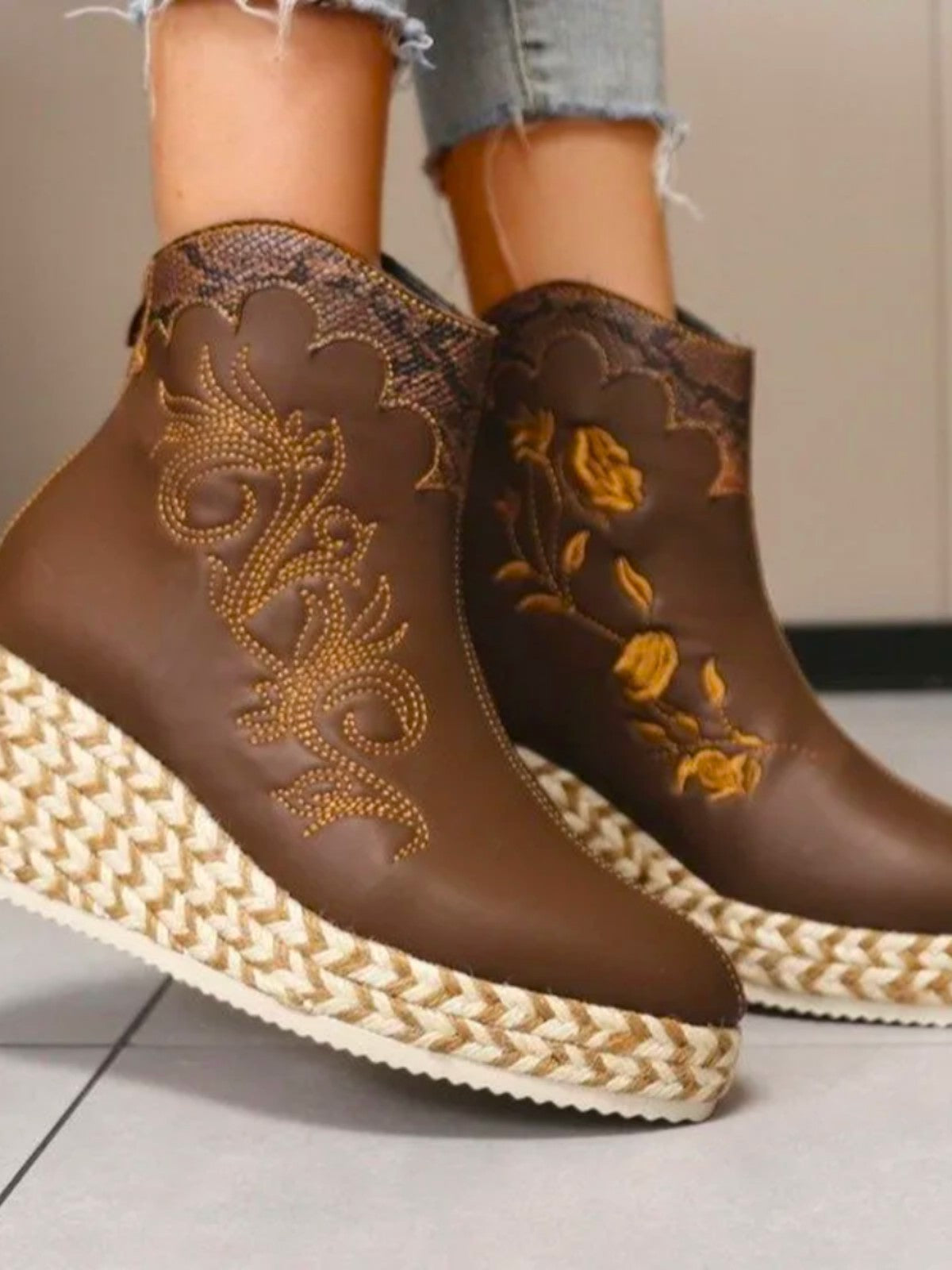 Fiara Floral Embroidered Platform Ankle Boots