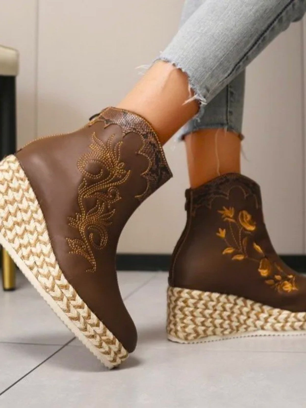 Fiara Floral Embroidered Platform Ankle Boots