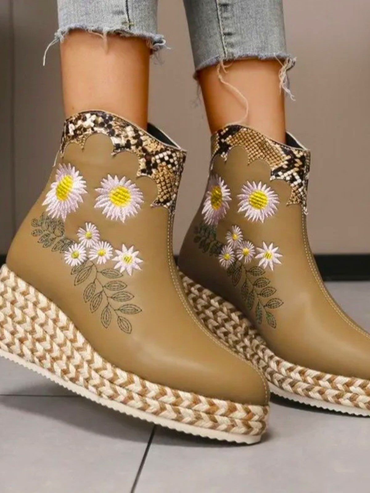 Fiara Floral Embroidered Platform Ankle Boots