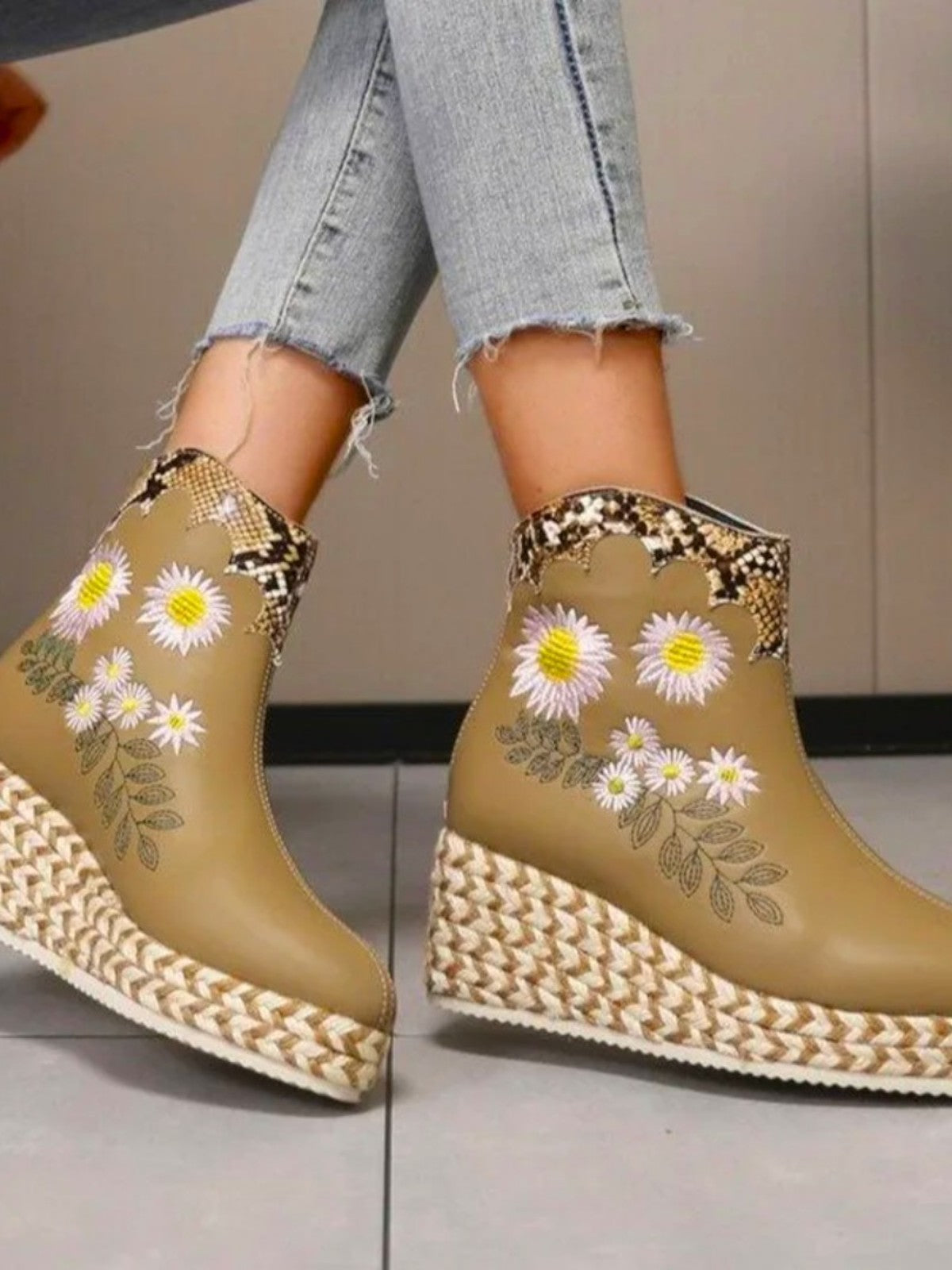 Fiara Floral Embroidered Platform Ankle Boots