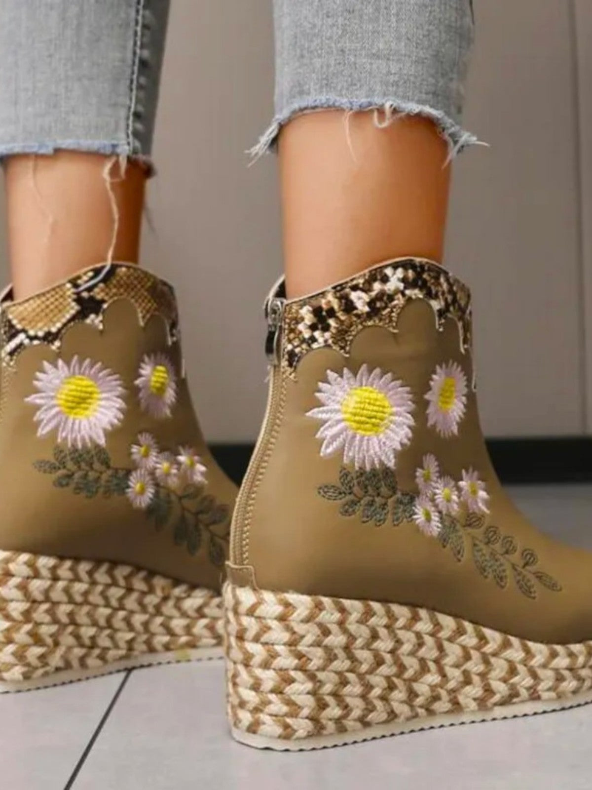 Fiara Floral Embroidered Platform Ankle Boots