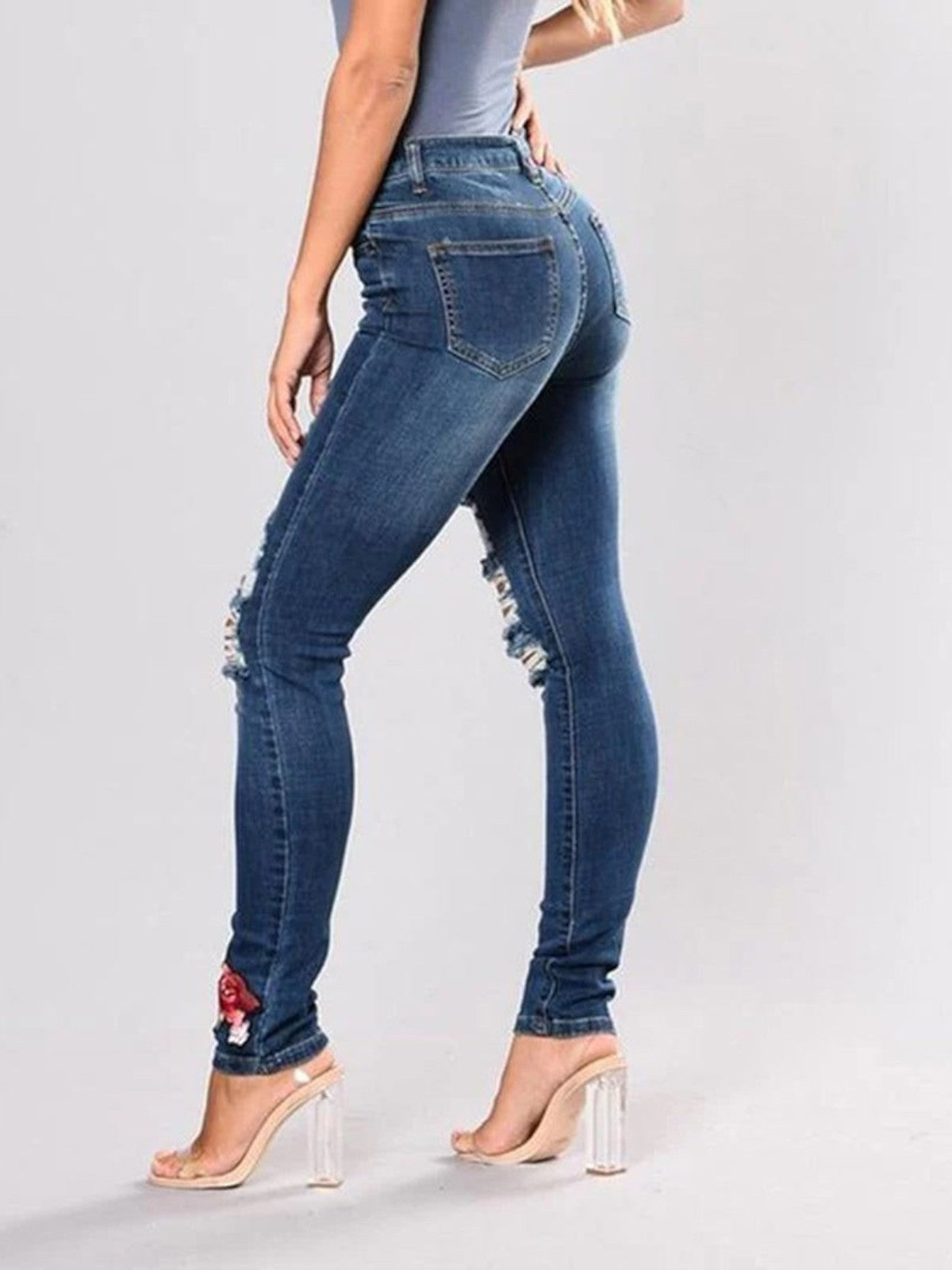 Luna Rose-Embroidered Distressed Denim Skinny Jeans
