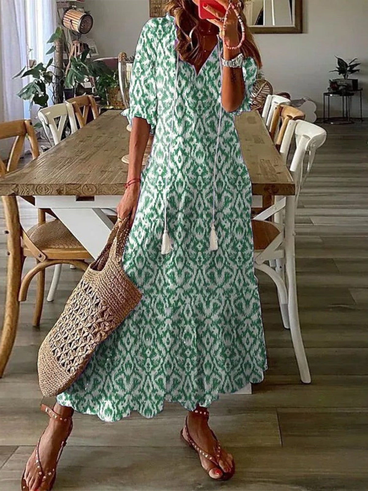 Sophia Boho Vintage V-Neck Summer Dress