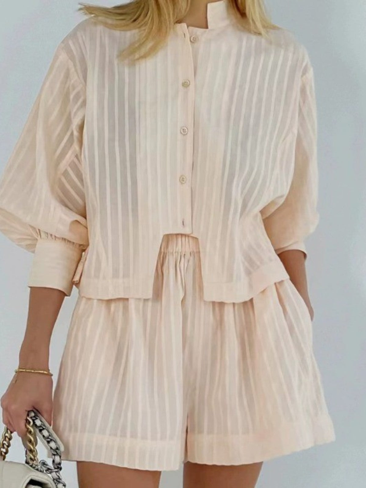 Lina Pinstripe Long-Sleeve Shorts Set