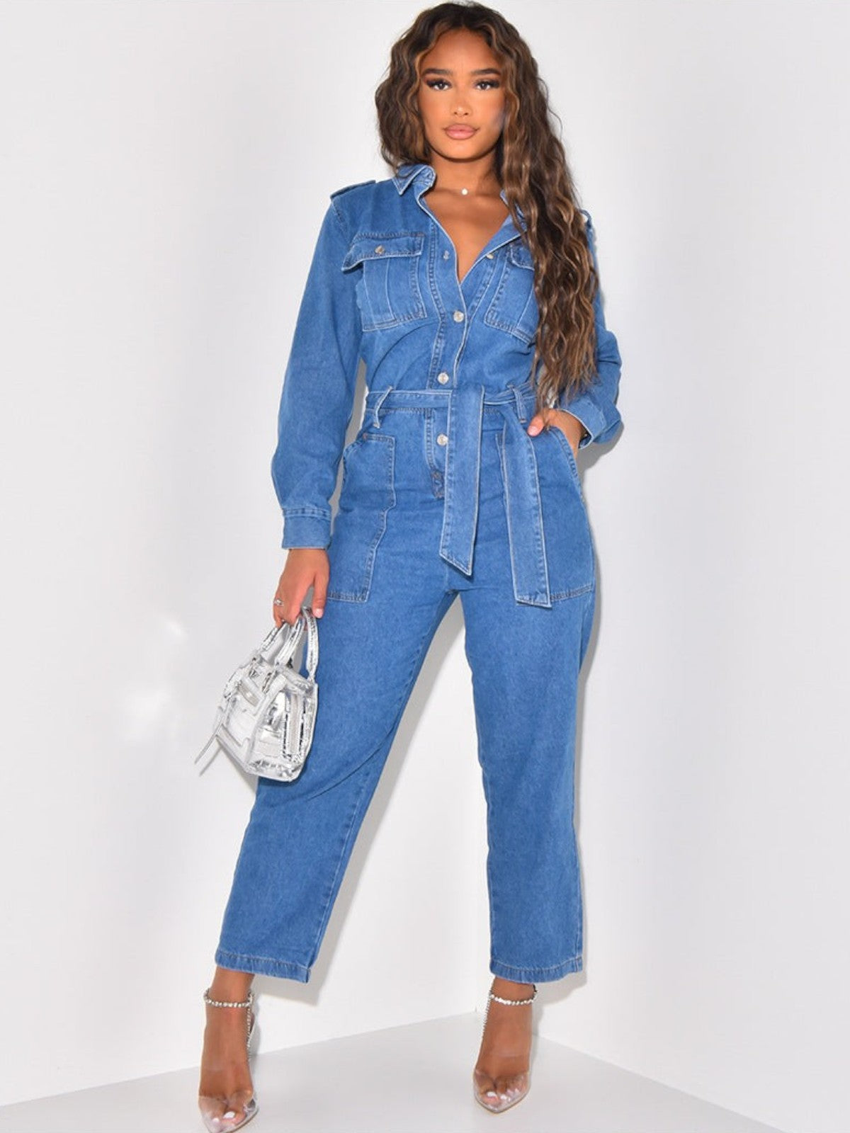 Elara Belted Denim Jumpsuit