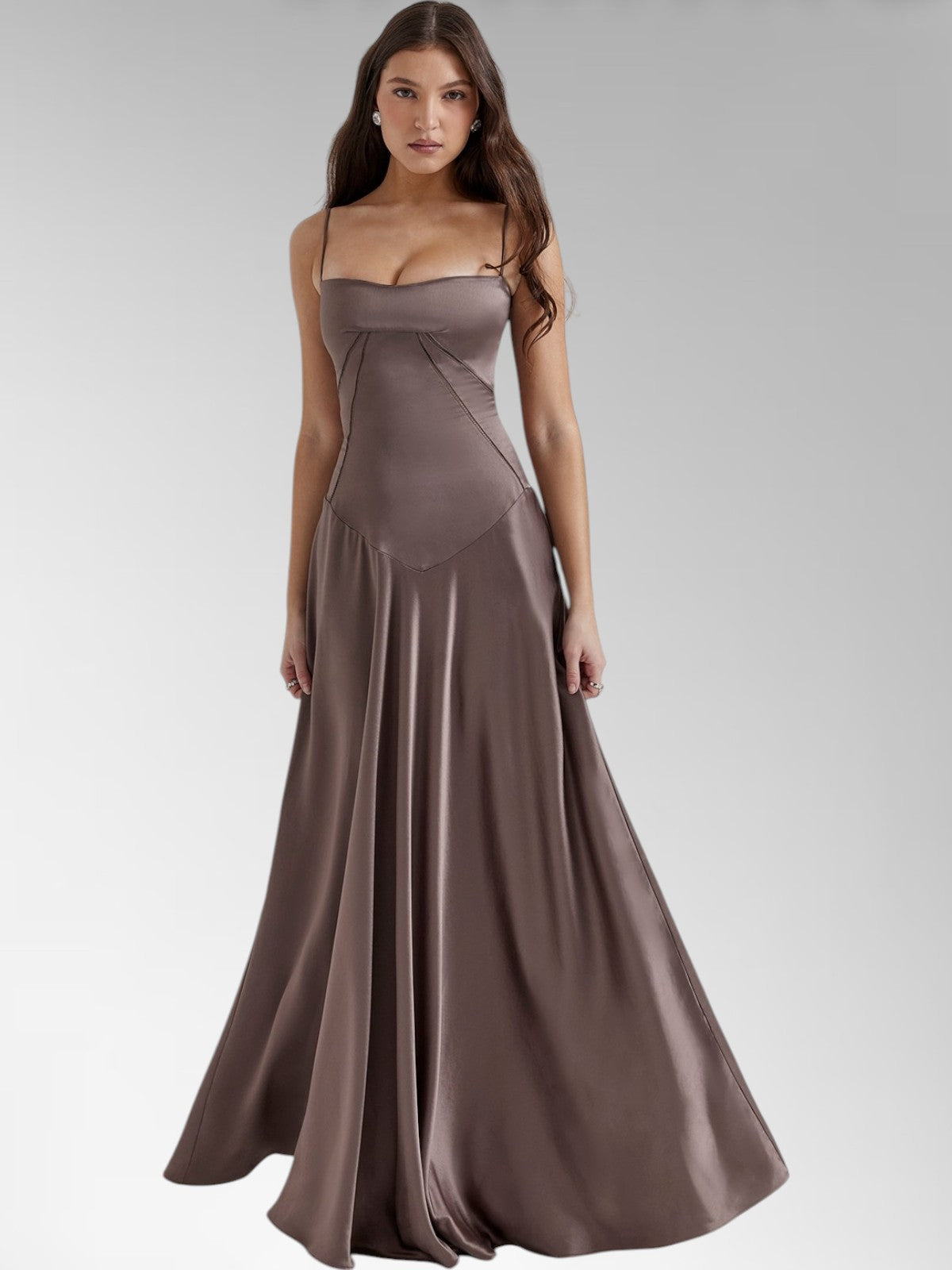 Anabel Brown Satin Lace-Up Evening Gown