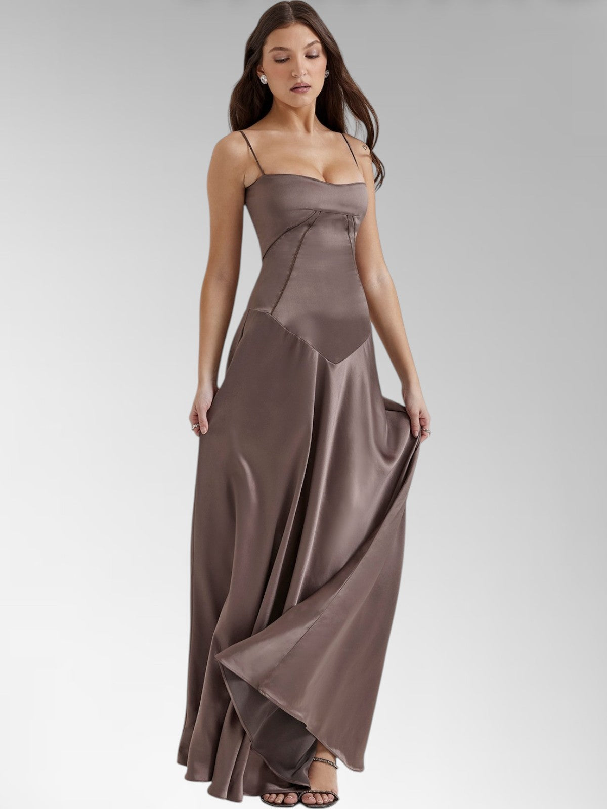 Anabel Brown Satin Lace-Up Evening Gown