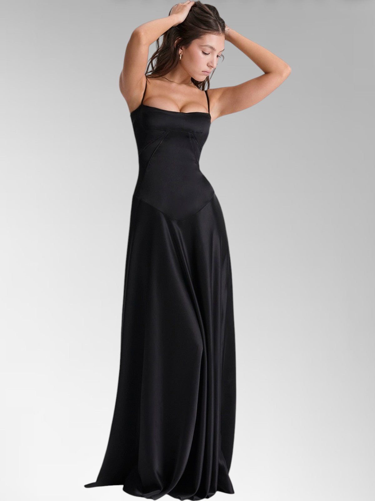 Anabel Black Satin Lace-Up Evening Gown