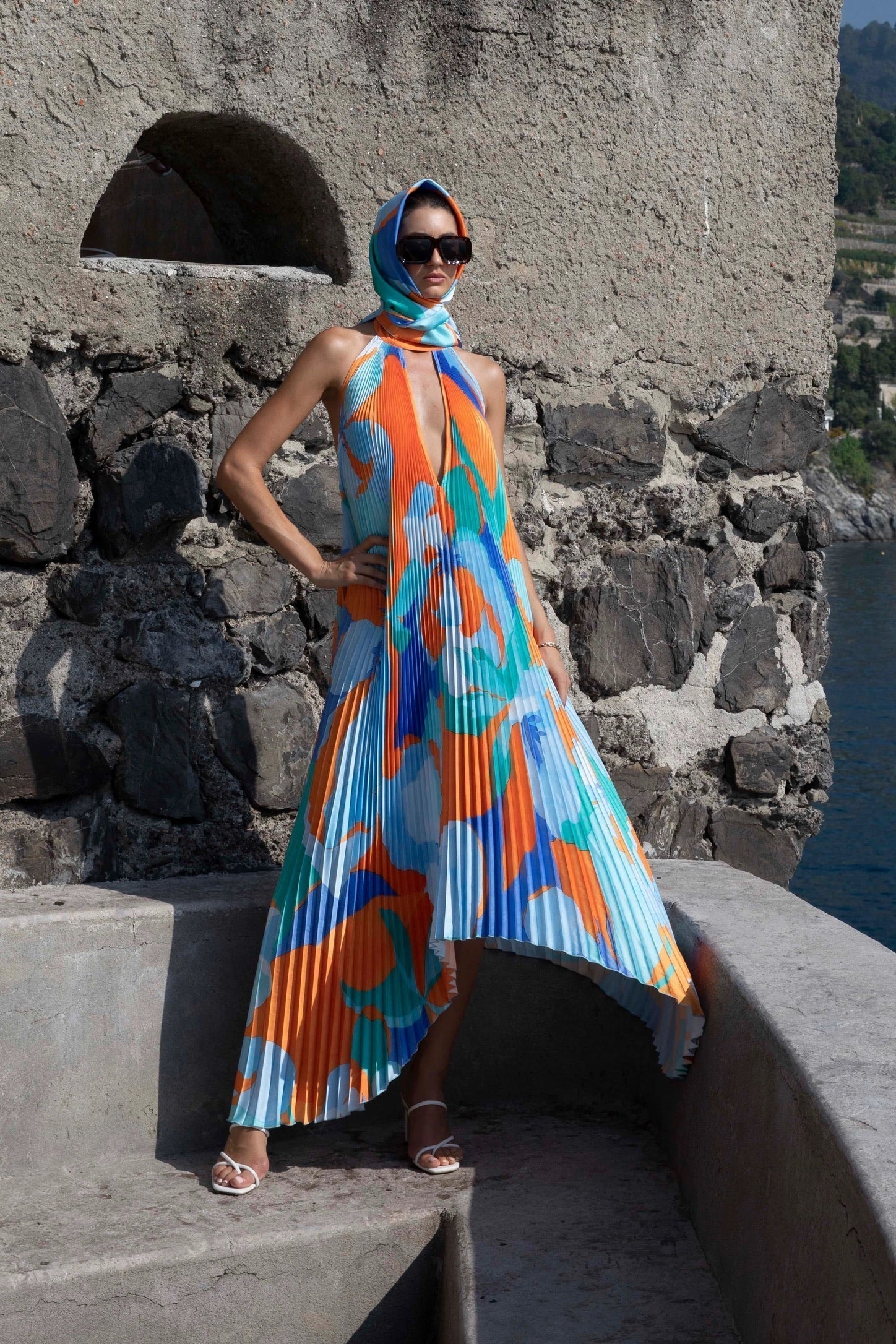 Amelia Pleated Halter Neck Maxi Dress