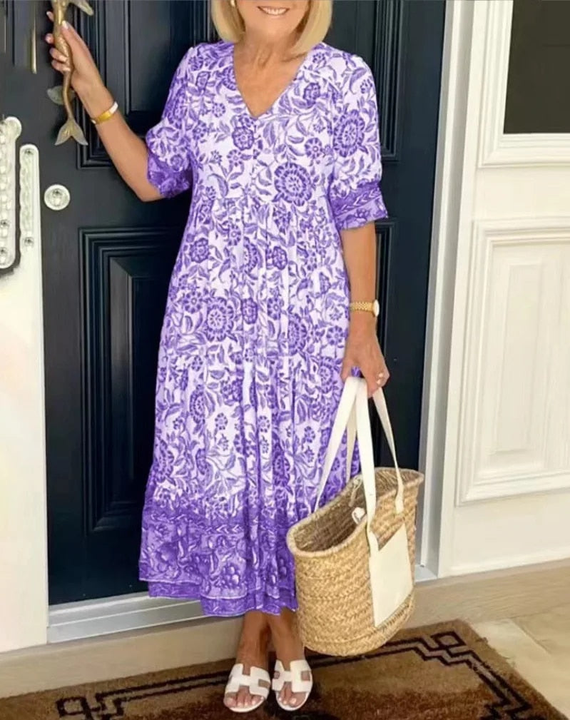 Elara Floral V-Neck Midi Dress