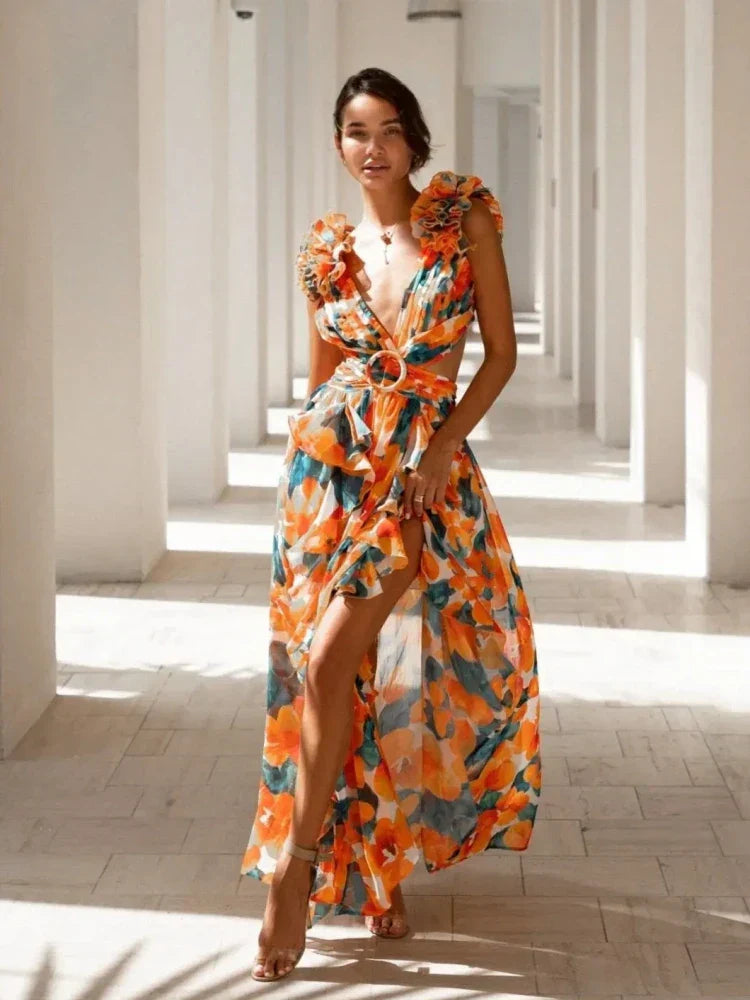 Elowen Ruffled Open Back Maxi Dress