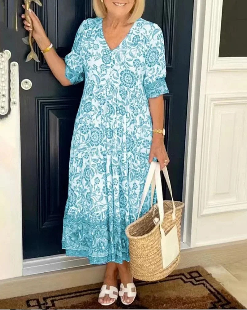 Elara Floral V-Neck Midi Dress