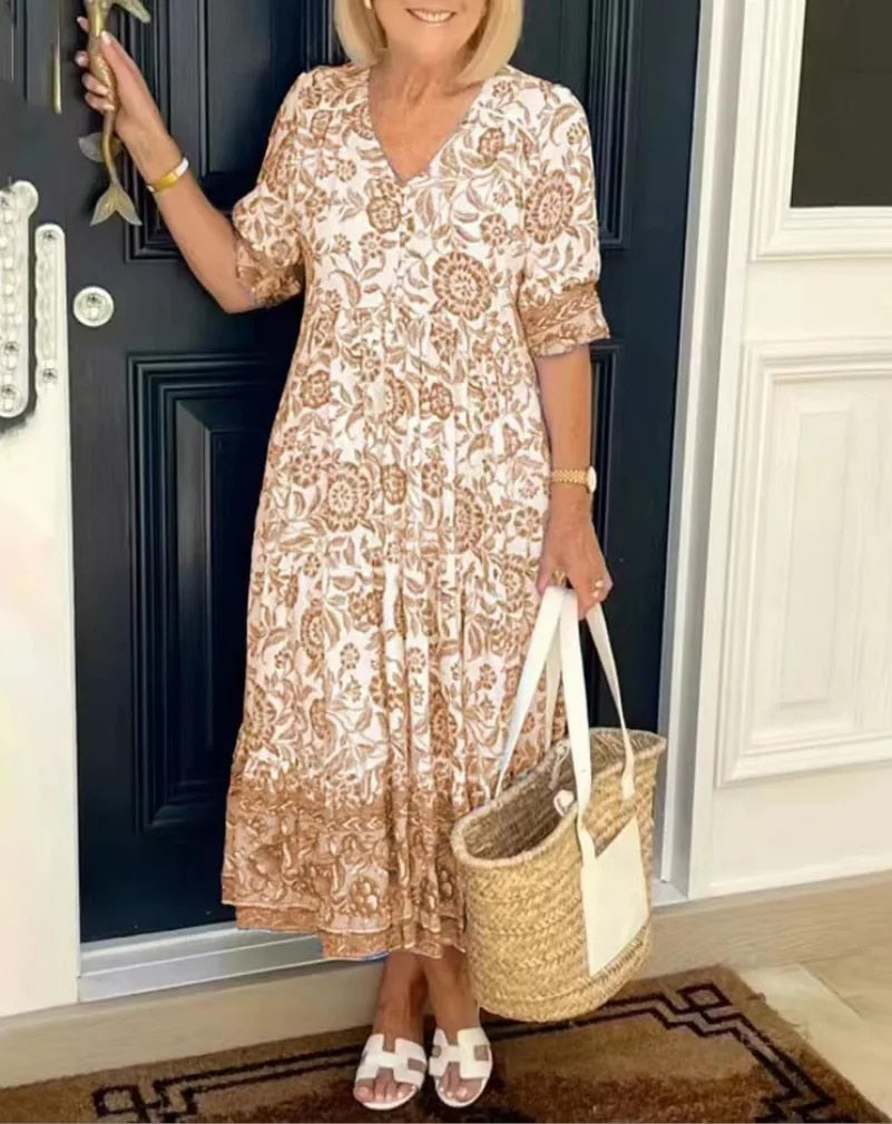 Elara Floral V-Neck Midi Dress