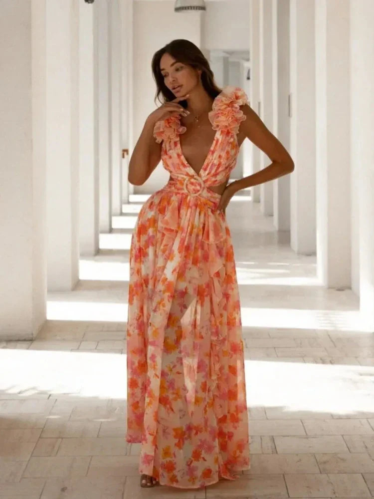 Elowen Ruffled Open Back Maxi Dress