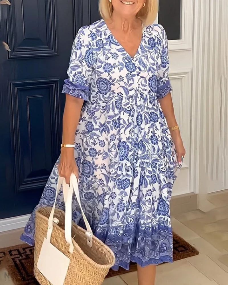 Elara Floral V-Neck Midi Dress
