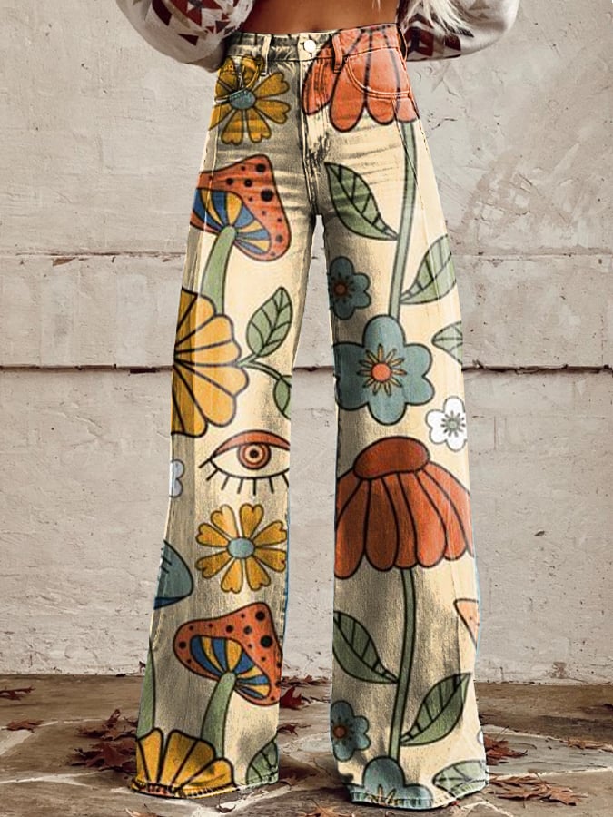 Elara Retro Floral Print Wide-Leg Jeans