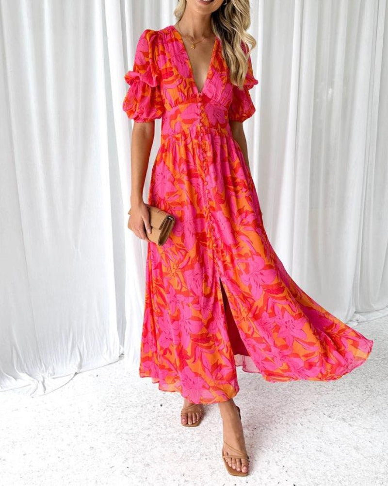 Alessia Puff Sleeve V-Neck Maxi Dress