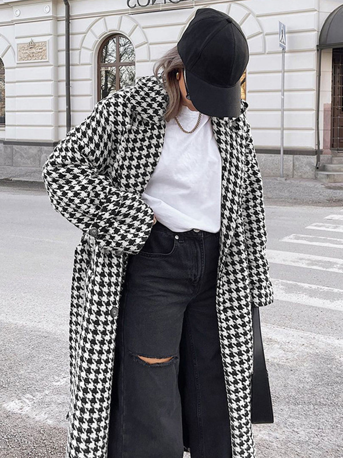Marion Houndstooth Tweed Trench Coat