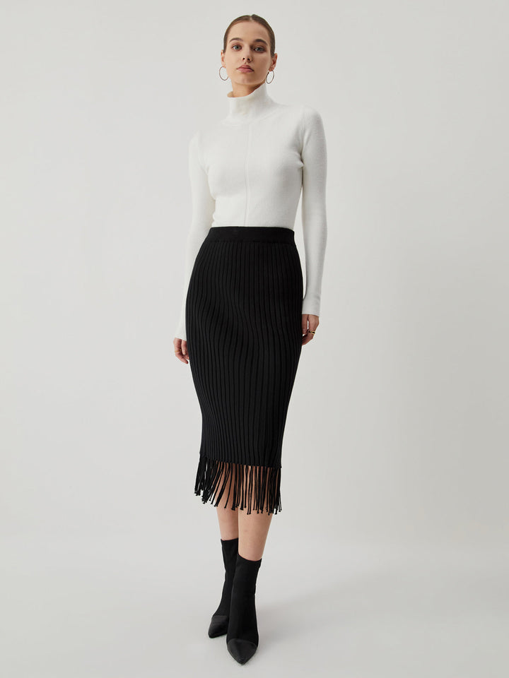 Mila Chic Ribbed Knit Midi Skirt with Tassels