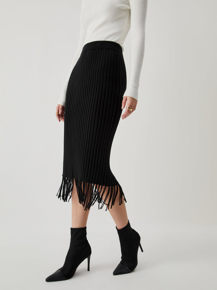 Mila Chic Ribbed Knit Midi Skirt with Tassels