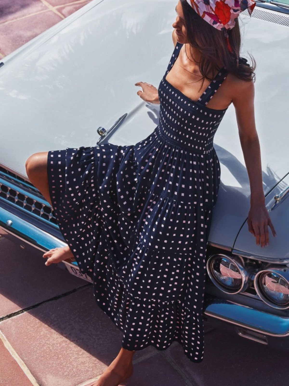 Aurelia Summer Blue Maxi Dress with White Square Dots
