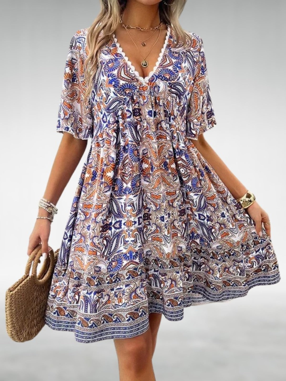 Saylor Bohemian Paisley Print V-Neck Summer Dress