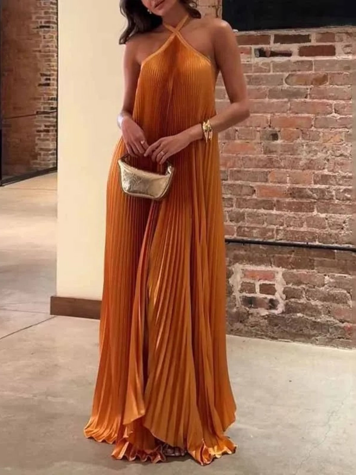 Alessia Pleated Halter Neck Maxi Dress