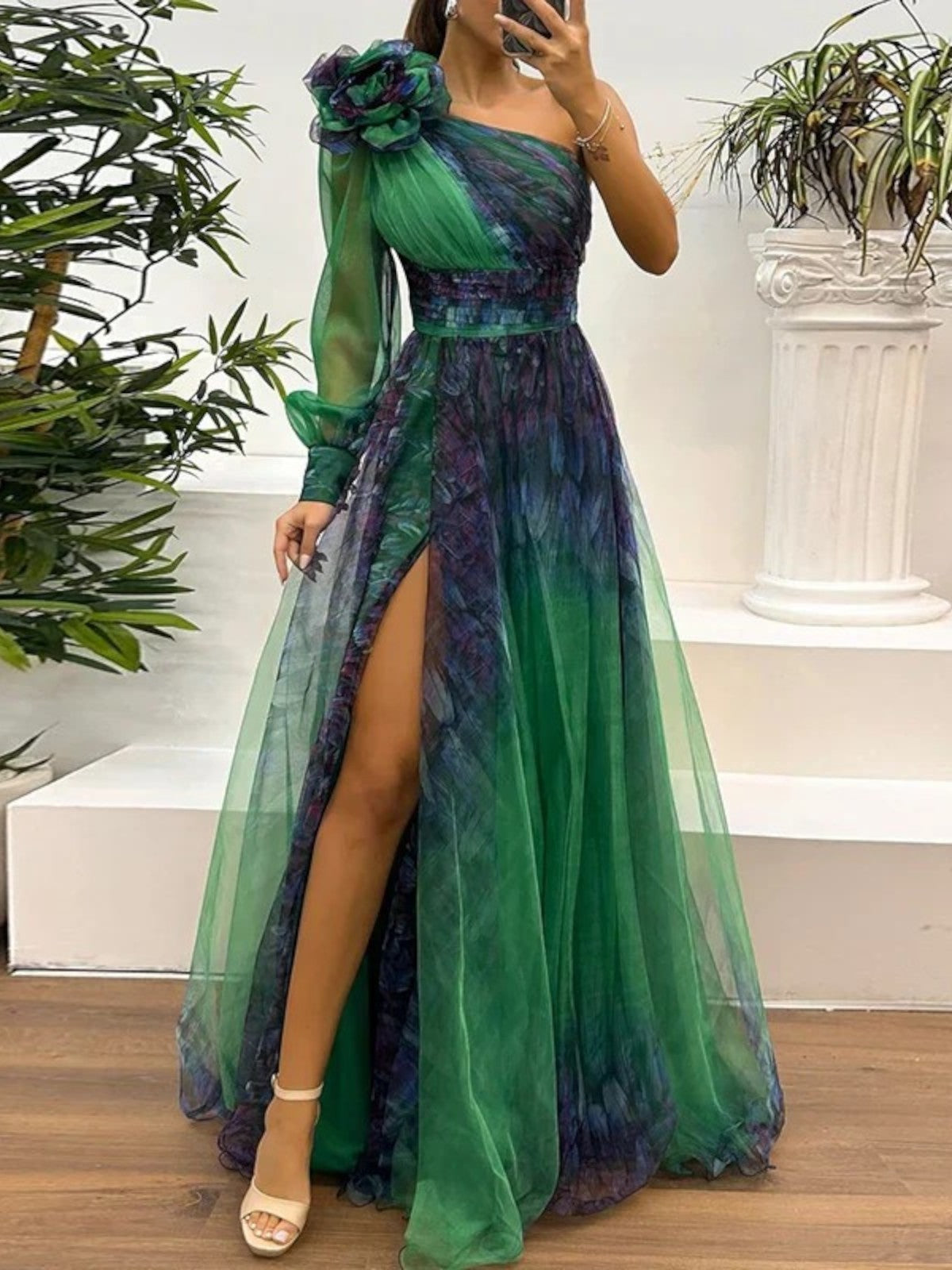 Elara One-Shoulder Mesh Maxi Dress