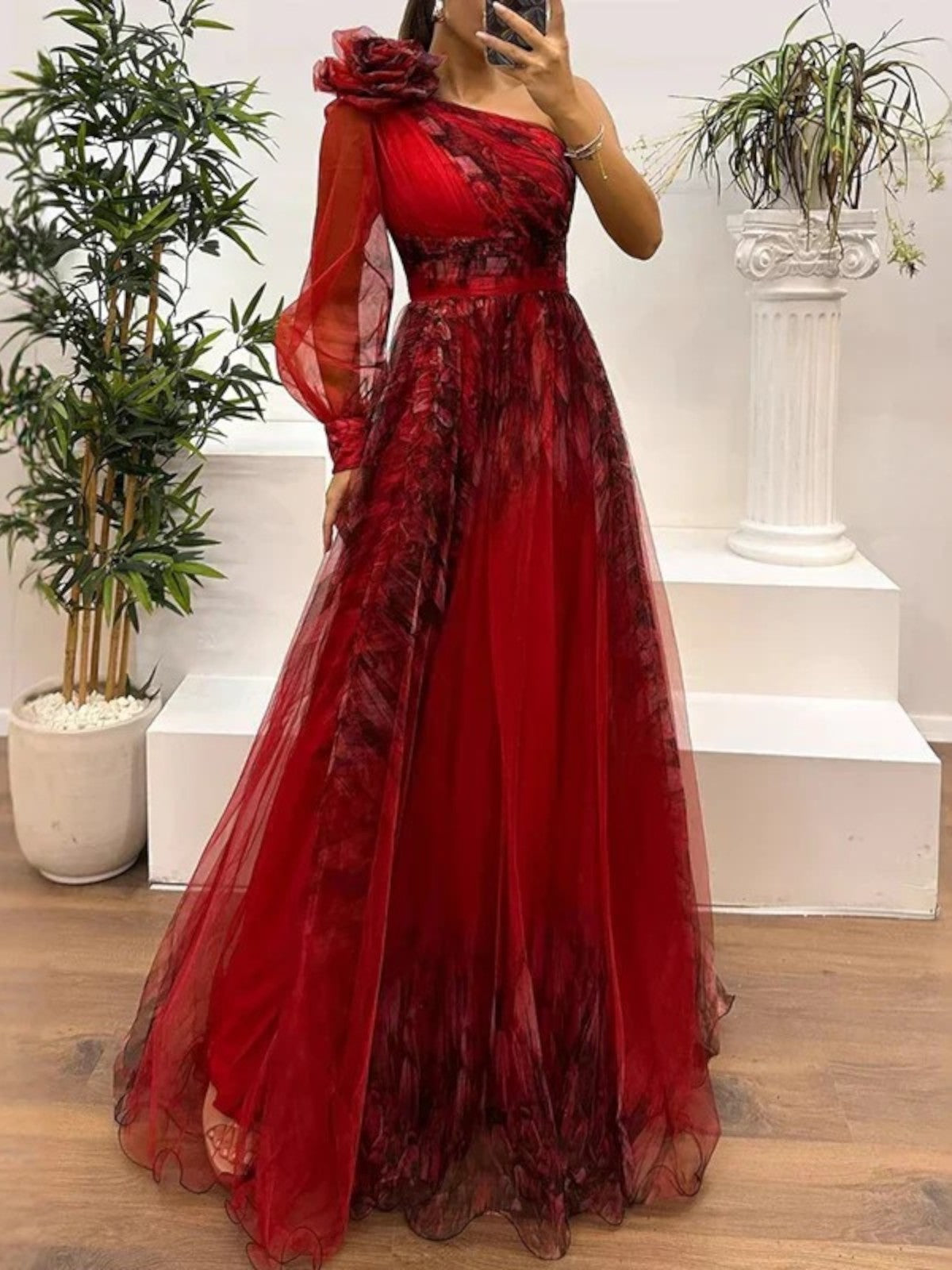 Elara One-Shoulder Mesh Maxi Dress