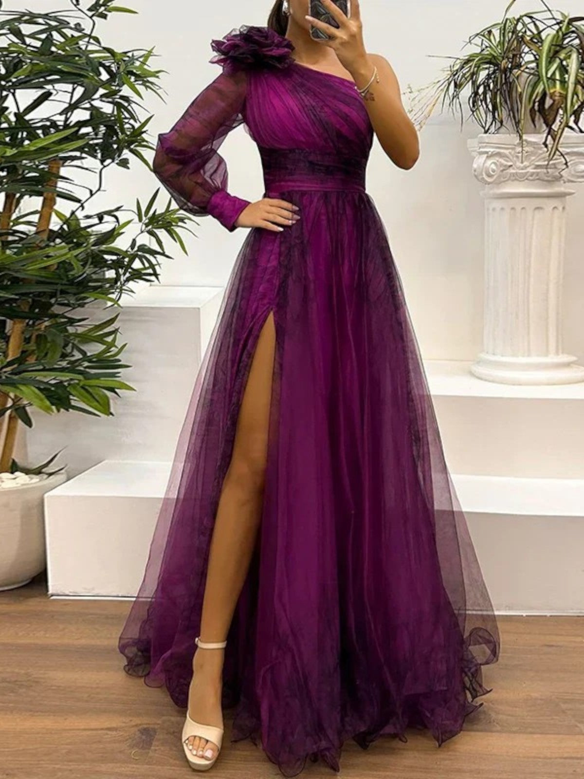 Elara One-Shoulder Mesh Maxi Dress