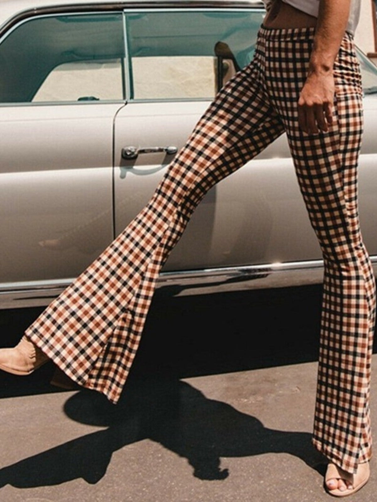 Elina Plaid High-Waist Flared Trousers