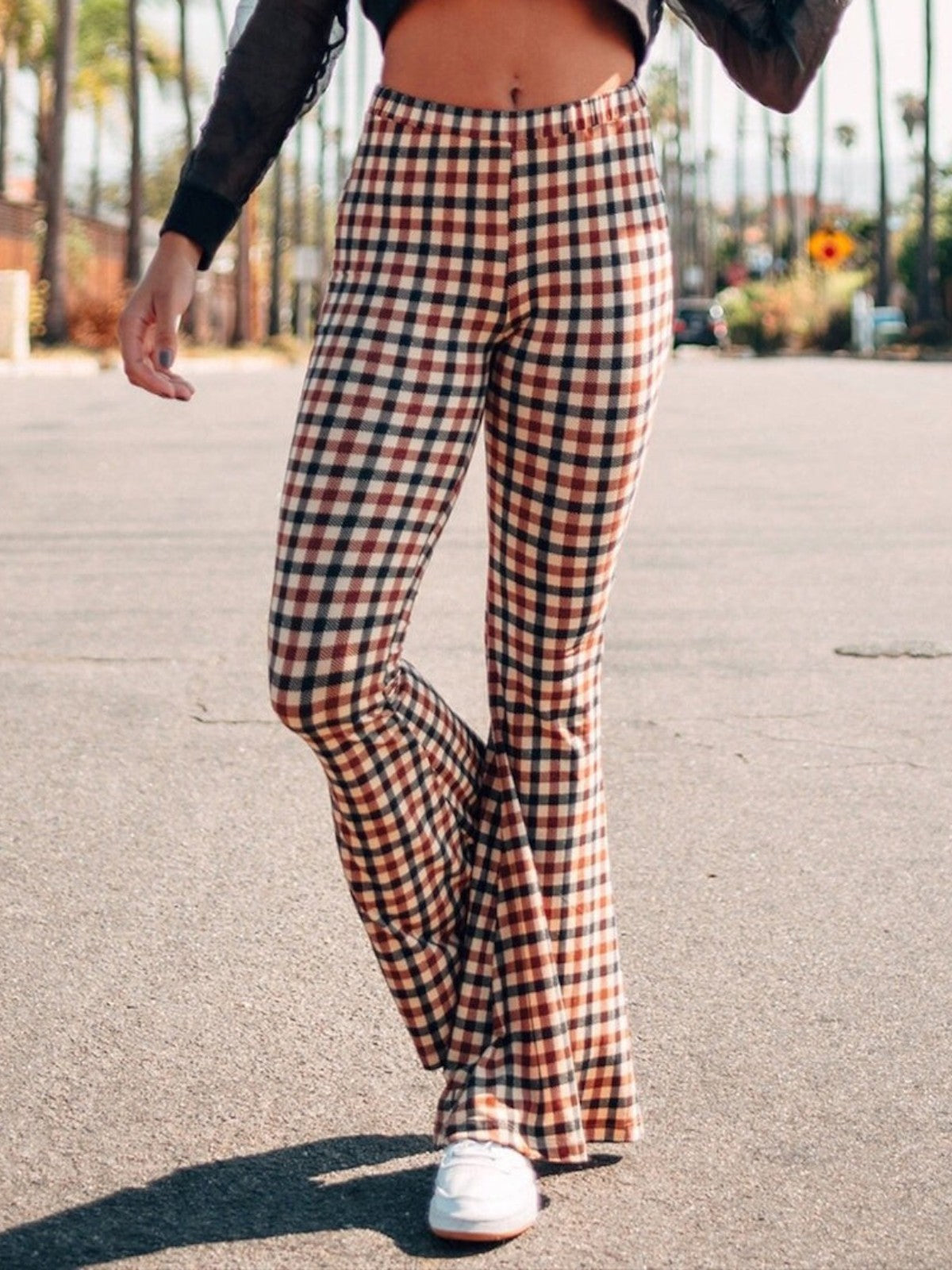 Elina Plaid High-Waist Flared Trousers