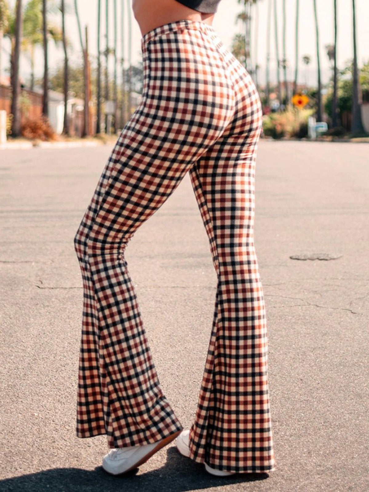 Elina Plaid High-Waist Flared Trousers