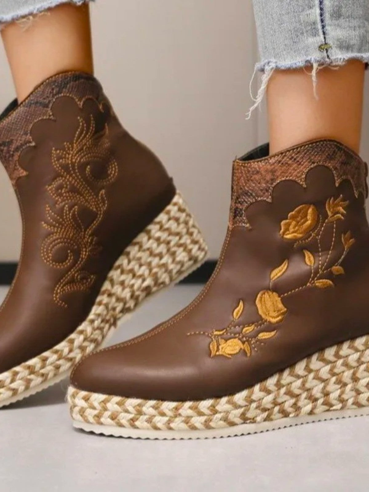 Fiara Floral Embroidered Platform Ankle Boots