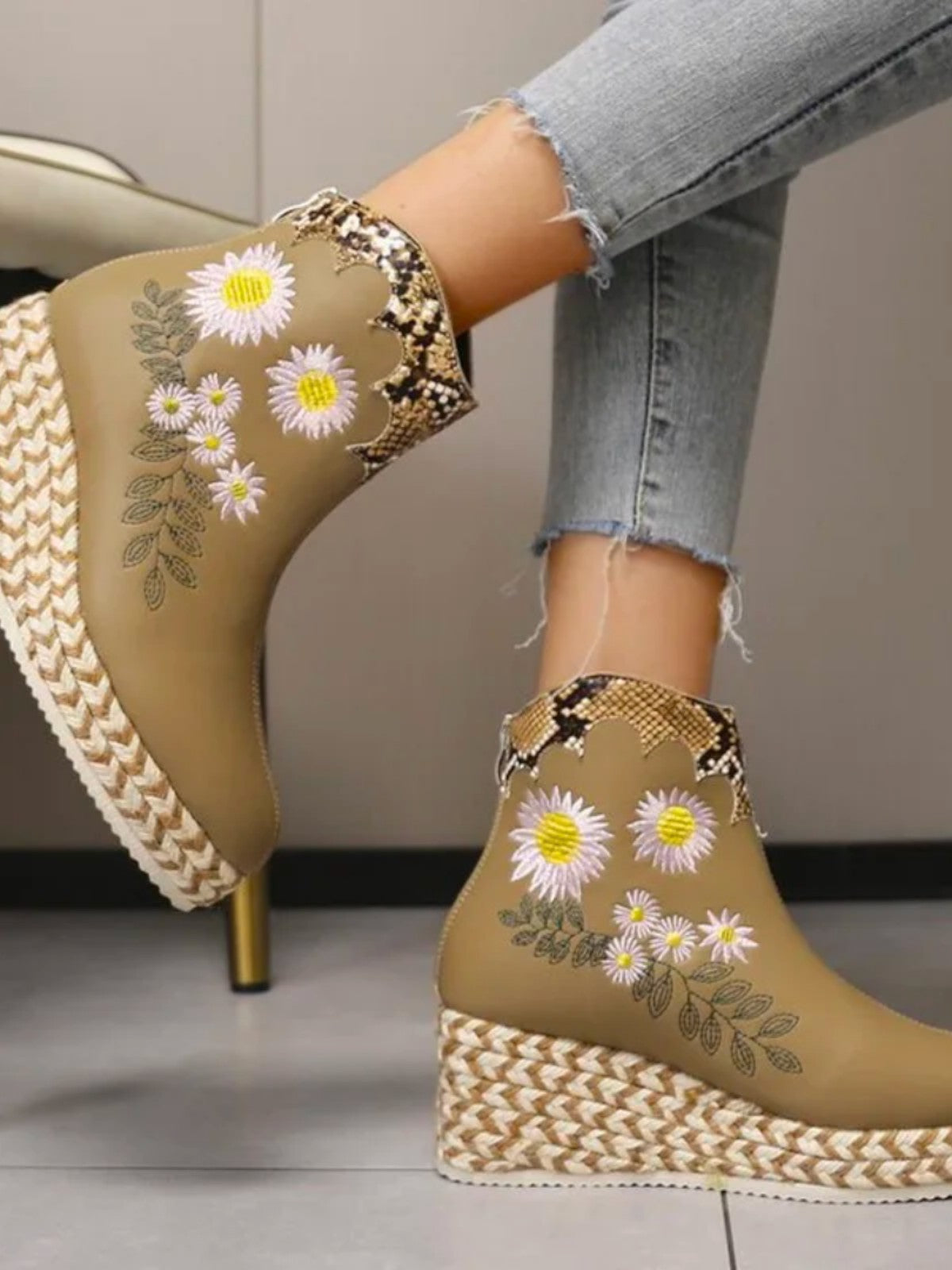 Fiara Floral Embroidered Platform Ankle Boots