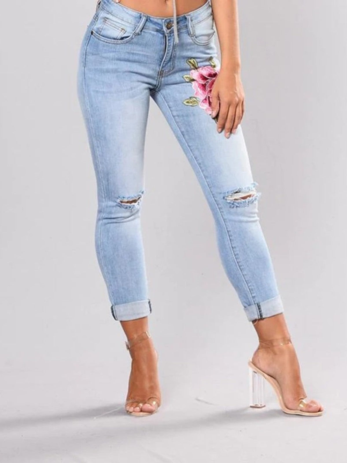 Luna Rose-Embroidered Distressed Denim Skinny Jeans