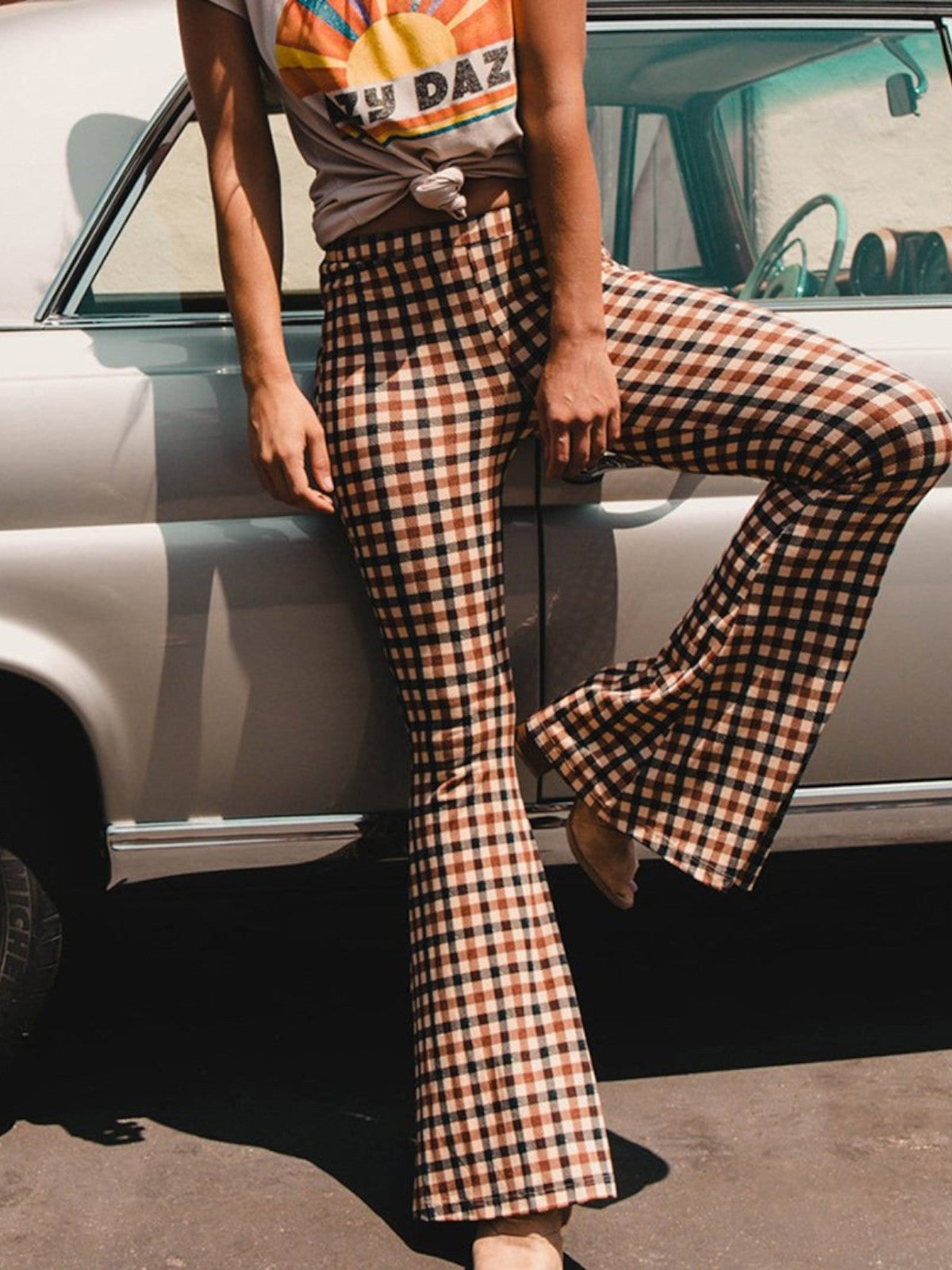 Elina Plaid High-Waist Flared Trousers