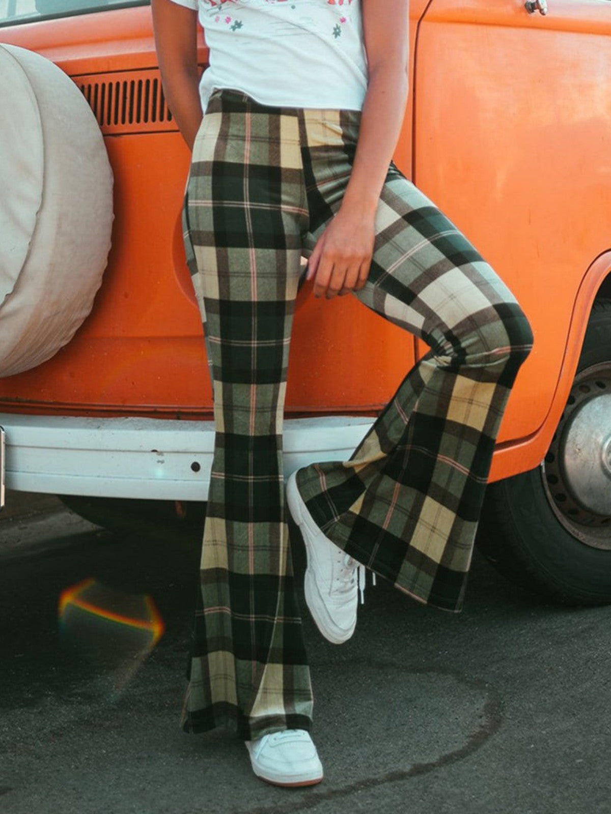 Elina Plaid High-Waist Flared Trousers