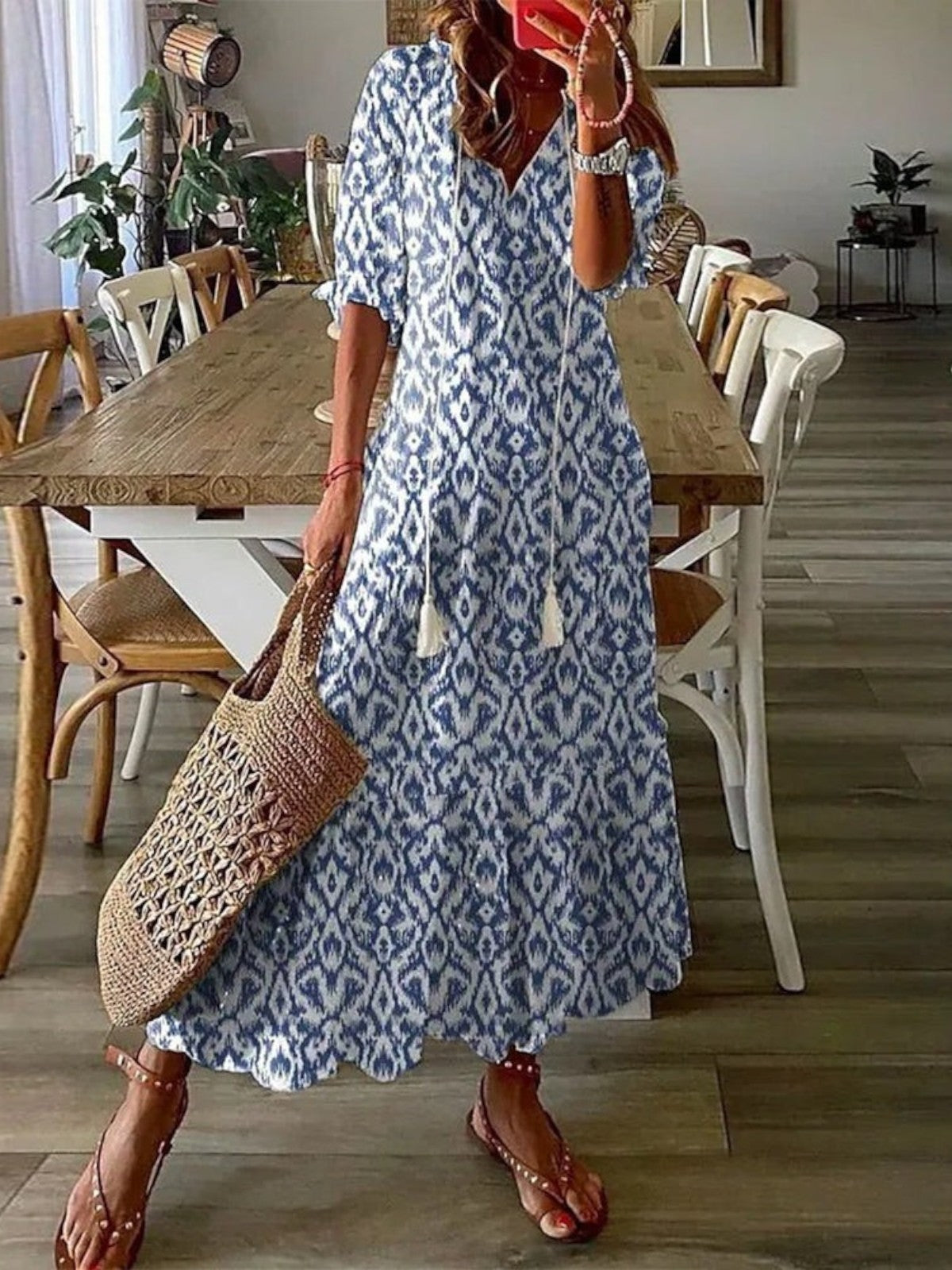 Sophia Boho Vintage V-Neck Summer Dress