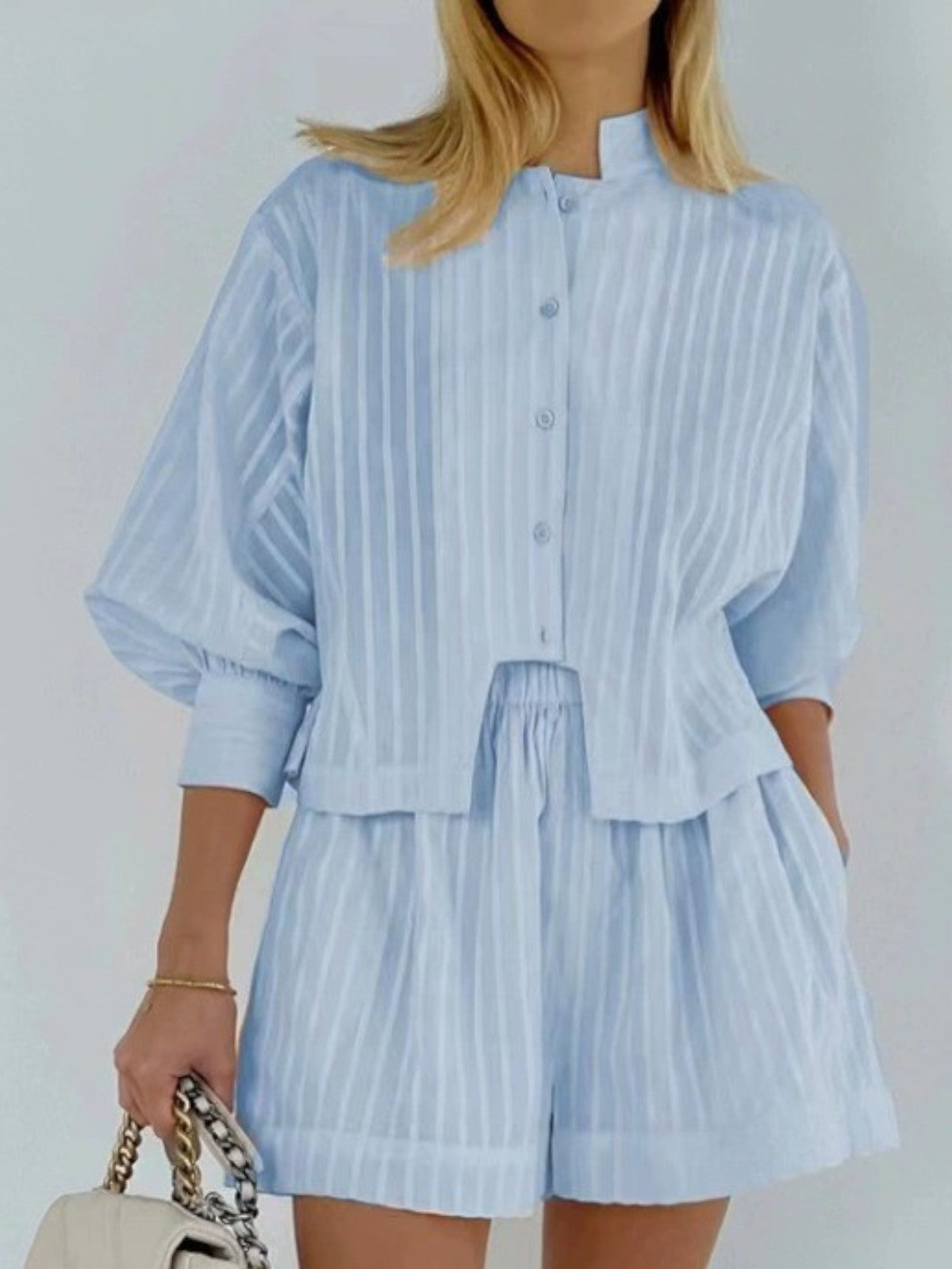 Lina Pinstripe Long-Sleeve Shorts Set