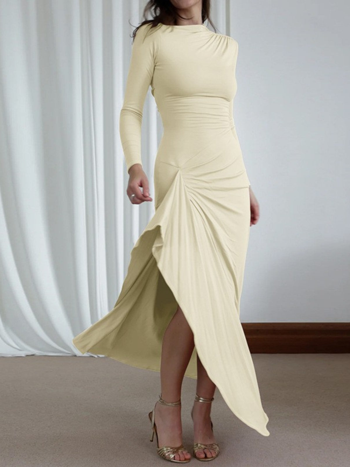 Isla Ruched Long-Sleeve Gown