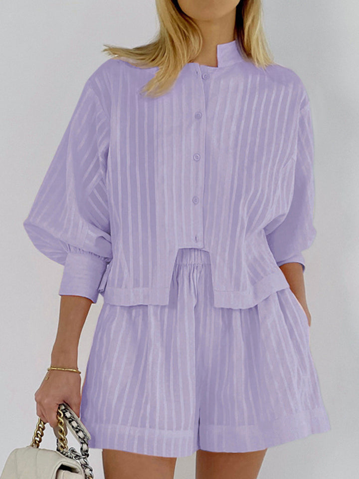 Mira Cotton Pinstripe Long-Sleeve Shorts Set