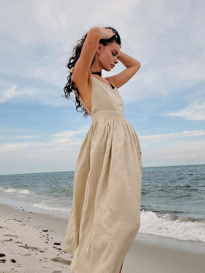 Elara Backless Cotton-Linen Maxi Dress