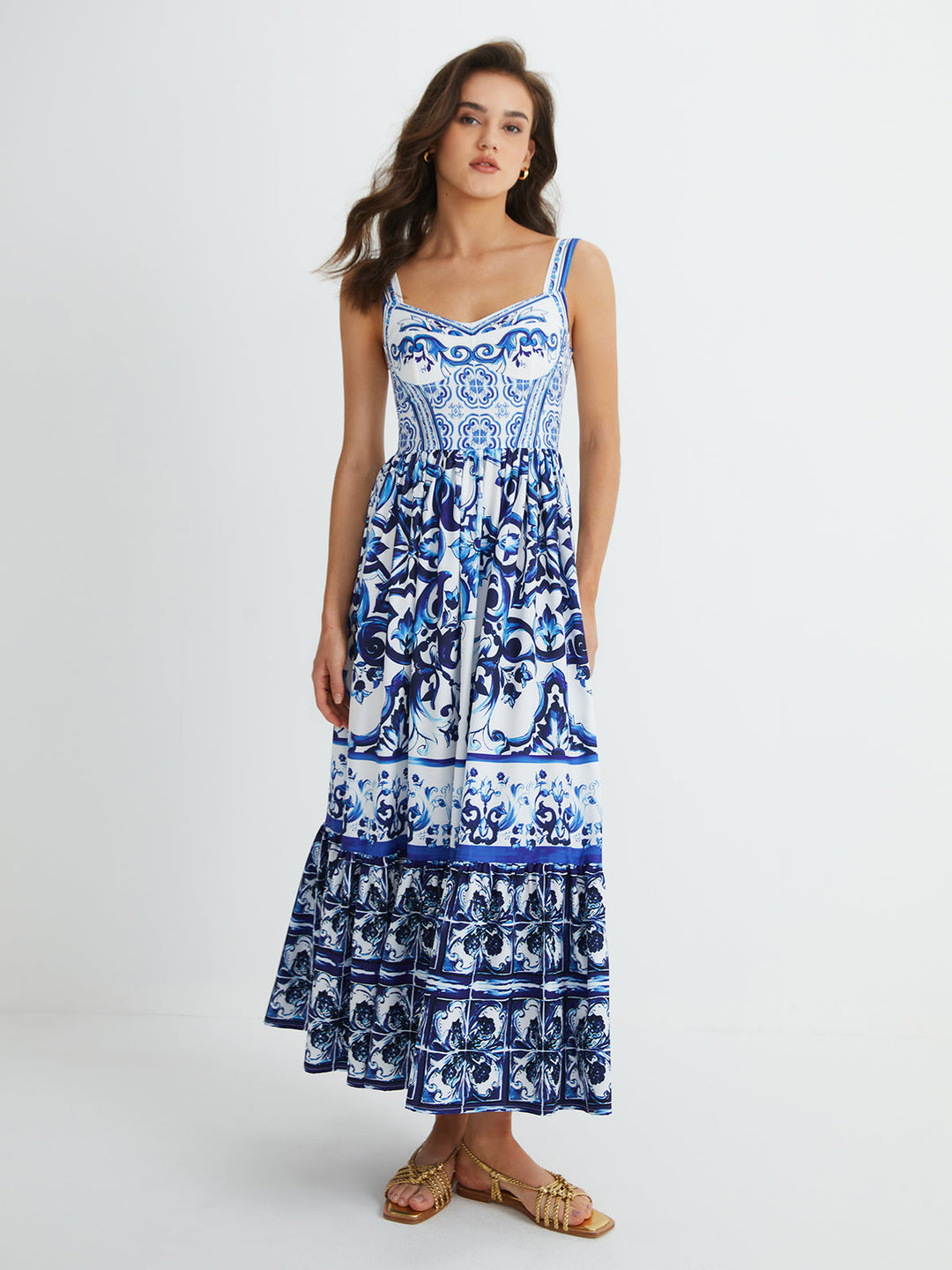 Kaia Grace Pleated Printed Strap Maxi Dress