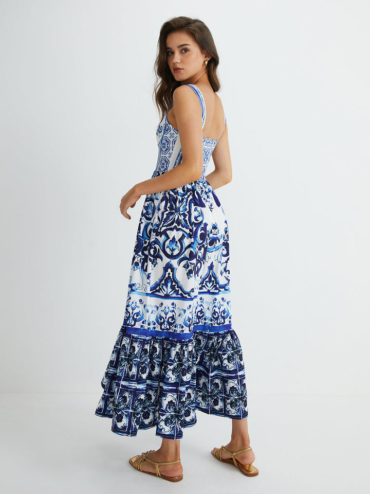 Kaia Grace Pleated Printed Strap Maxi Dress